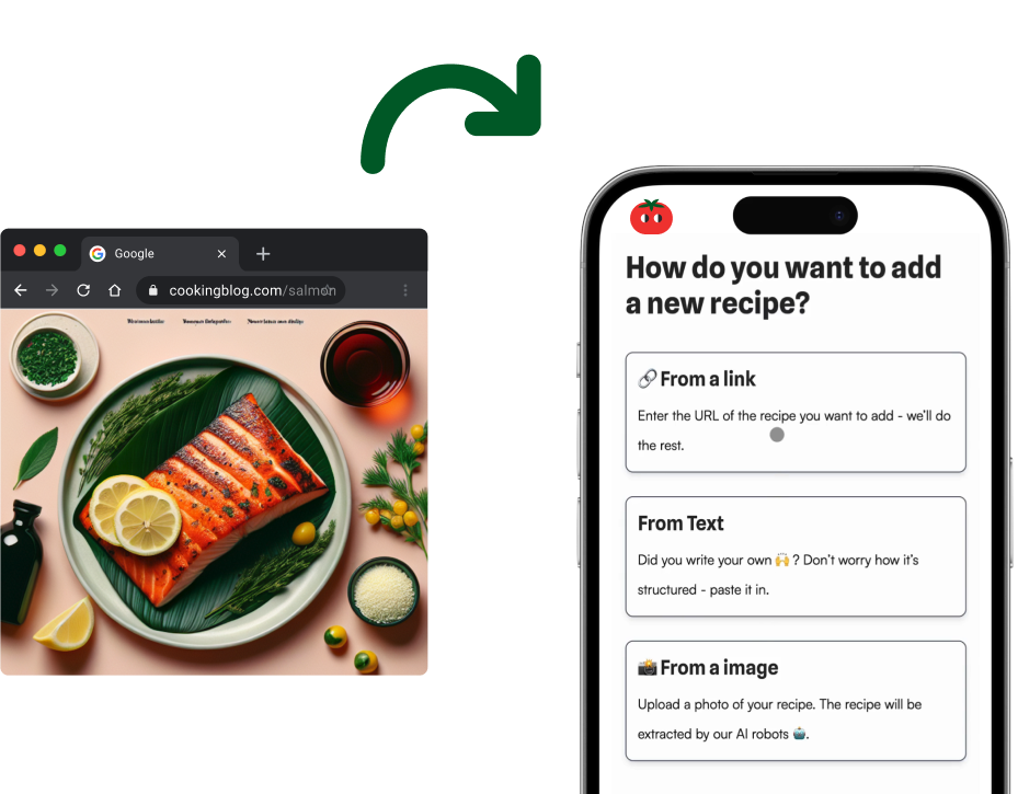 Mockup of Pantry Pilot recipe import and shared collection view.